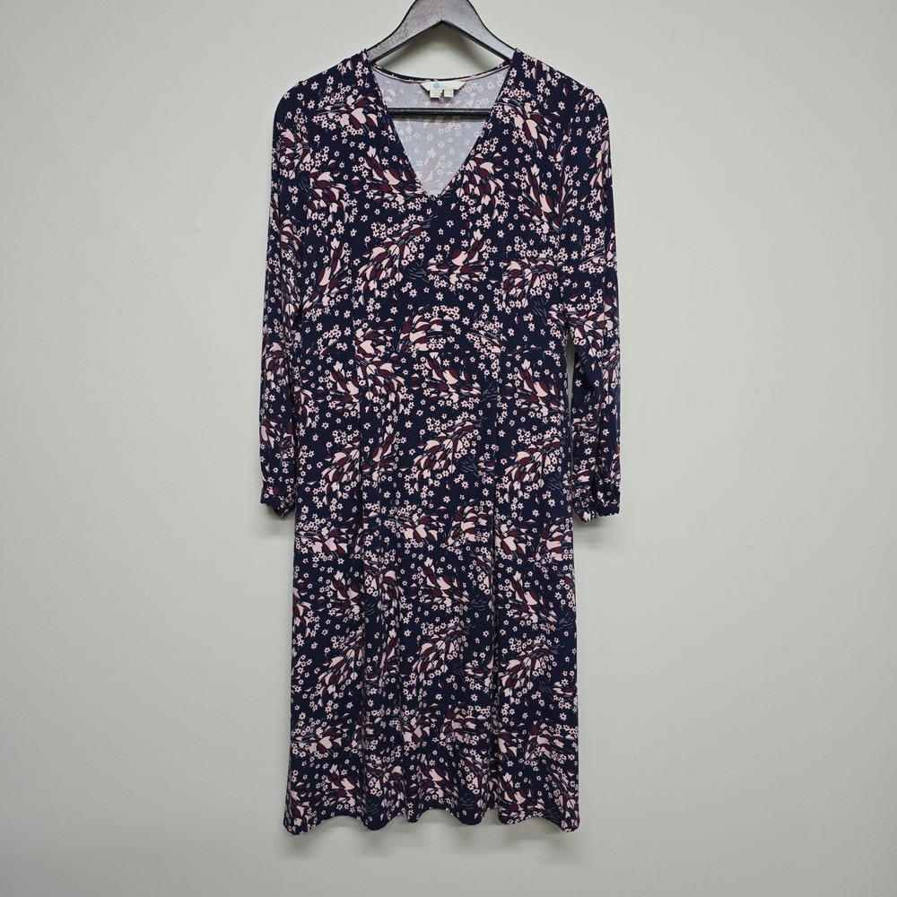 Boden Floral V-Neck Midi Dress Womens 6R Navy Blue Long Sleeve Pockets Boho